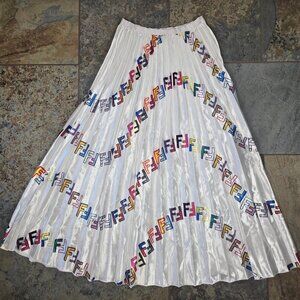 Unbranded White Knife Pleat Midi Skirt Elastic Waist Colorful Repeating Pattern